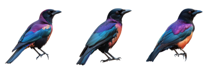Set of A Grackle bird perched on a thin branch, feathers glistening in the light on transparent png background