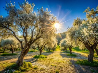 Fototapeta premium Blooming Olive Tree Branches, Springtime Mediterranean Landscape