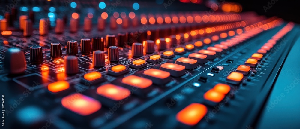 Poster sound mixer with illuminated buttons and knobs for audio production.
