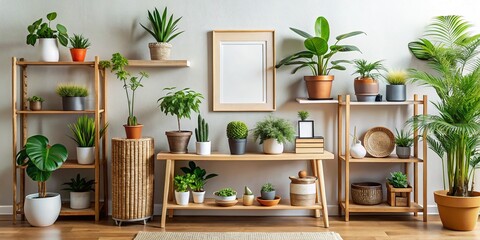 Scandinavian Interior Design: Bamboo Shelf with Plants & Mockup Frame
