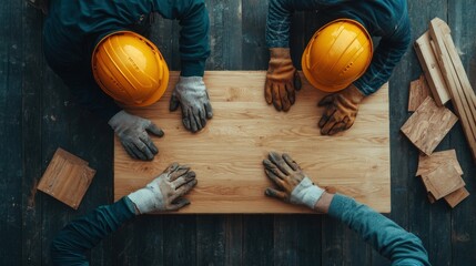 Craftsmen assembling wooden table during a workshop in a well-lit studio space