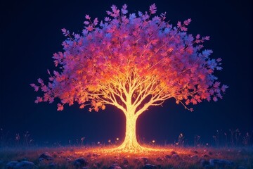 An artistic illustration of a glowing tree with colorful leaves in a dark setting