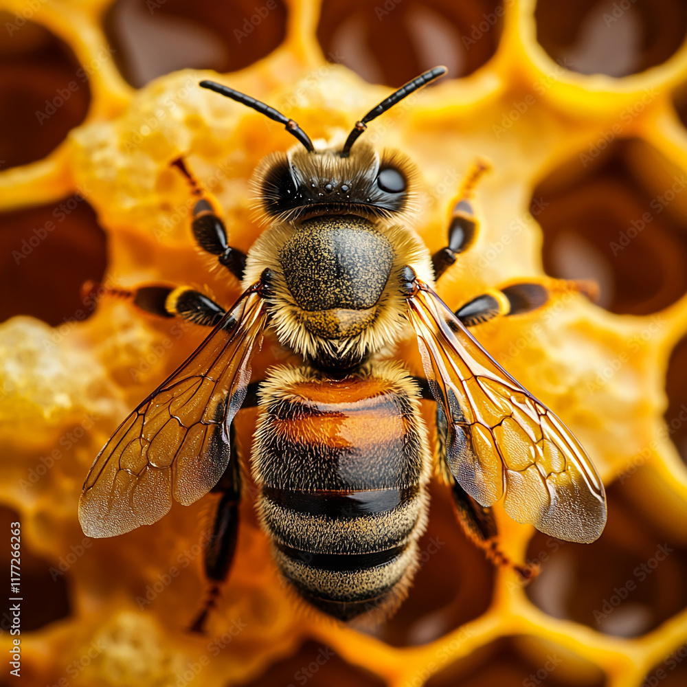 Poster macro shot of honeybee on honeycomb with vibrant colors and intricate details