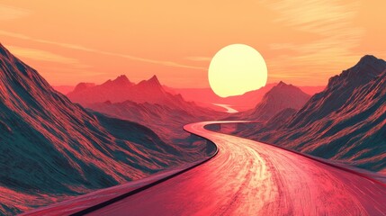 Fototapeta premium a scenic road winds through a mountain landscape at sunset