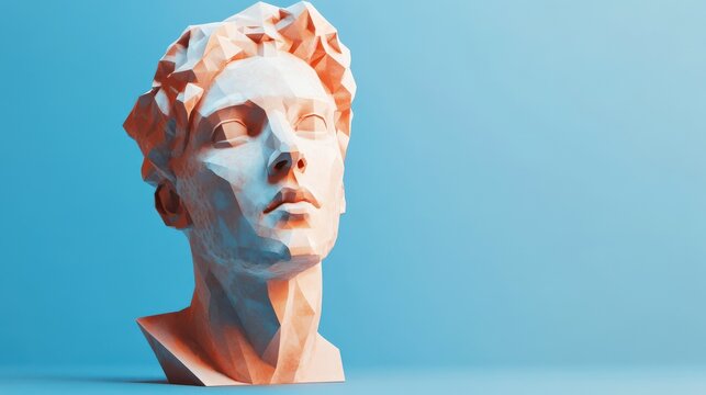 Abstract polygonal male head portrairt on blue background. Artificial intelligence concept. 3D Rendering.