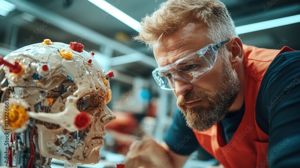 Poster engineer examines robotic head in modern workshop with high-tech tools and equipment