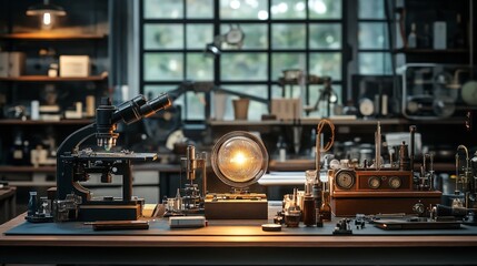 A steampunk-inspired vintage lab setup with glowing equipment, evoking themes of scientific discovery, innovation, and retro-futurism.