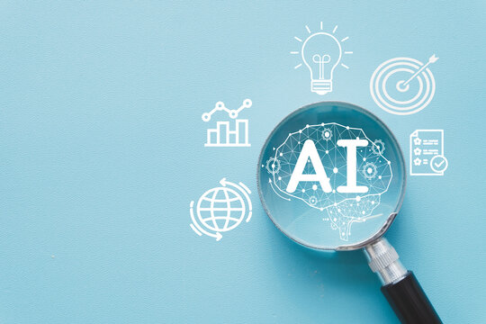 Artificial intelligence,Business,Education Concept.,Artificial intelligence (AI) technology icon under magnifying glass.