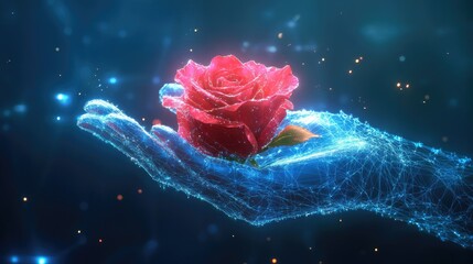 A digital hand clutching a vibrant rose, set against a glowing blue futuristic network background.