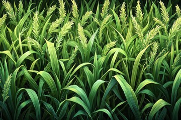 Obraz premium Lush green grass field close-up with seed heads against dark background, ideal for nature scenes