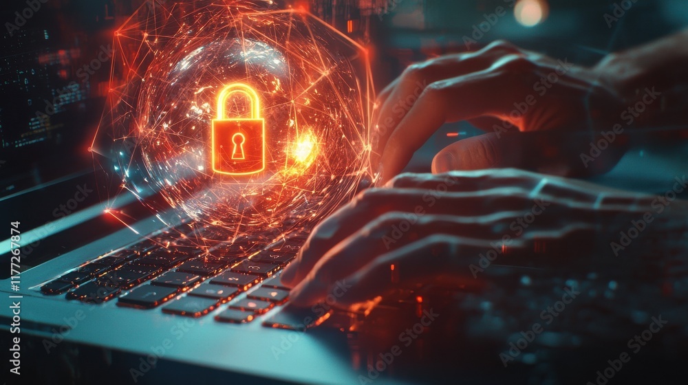 Poster close up of hands using laptop keyboard with abstract glowing polygonal sphere with glowing digital 