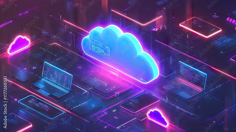 Poster a futuristic concept of cloud computing showing devices like laptops, tablets, and smartphones conne