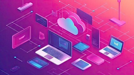 A futuristic concept of cloud computing showing devices like laptops, tablets, and smartphones connected to a central cloud.