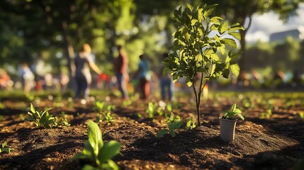 Peaceful scene of Earth Day celebration with people planting trees, cleaning the environment, and raising awareness about sustainability