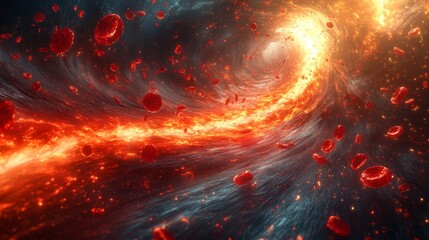 Turbulent flow of red blood cells in a glowing plasma vortex, symbolizing circulation, energy dynamics, and cardiovascular health
