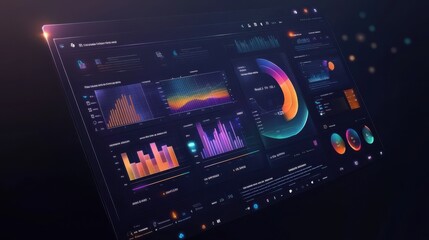 Intelligent technology hud vector interface. Network management data screen with charts and diagrams. Interface screen with colored infographic digital illustration