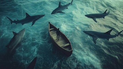 Mysterious scene with sharks and small boat