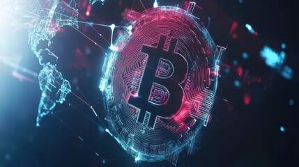 Blockchain technology futuristic hud background with world globe and blockchain polygon peer to peer network. Global cryptocurrency fintech business banner concept.