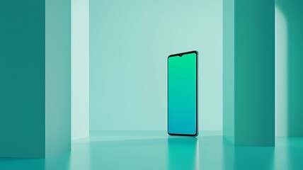 Photorealistic image of a high-tech smartphone screen with a sleek gradient background from blue to green
