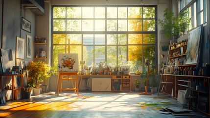 Art Studio with Sunlight Through a Window - 3d Illustration