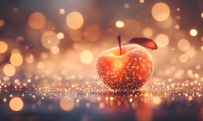 Glowing apple on sparkling surface.