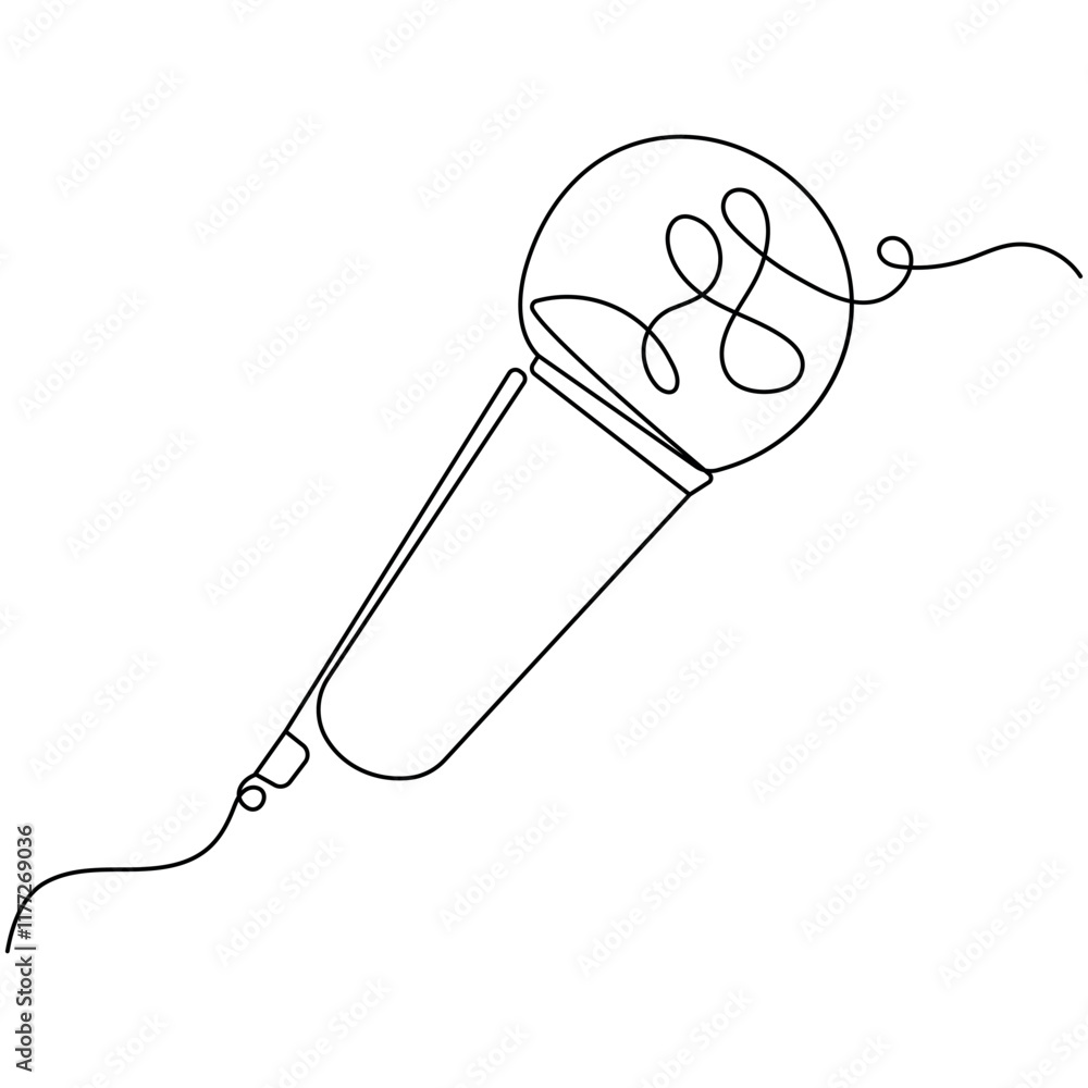 Poster microphone single line art, continuous one line drawing of isolated outline vector icon