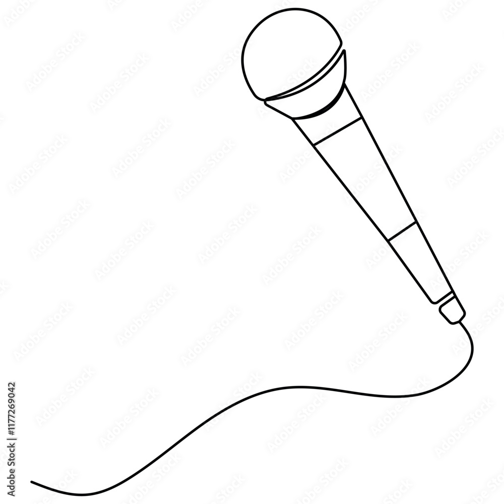 Poster microphone single line art, continuous one line drawing of isolated outline vector icon