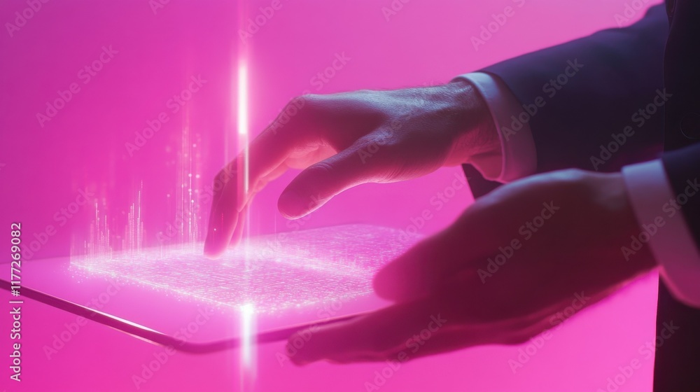 Poster close up of businessman hand using tablet with abstract coding and digital web hologram on pink back