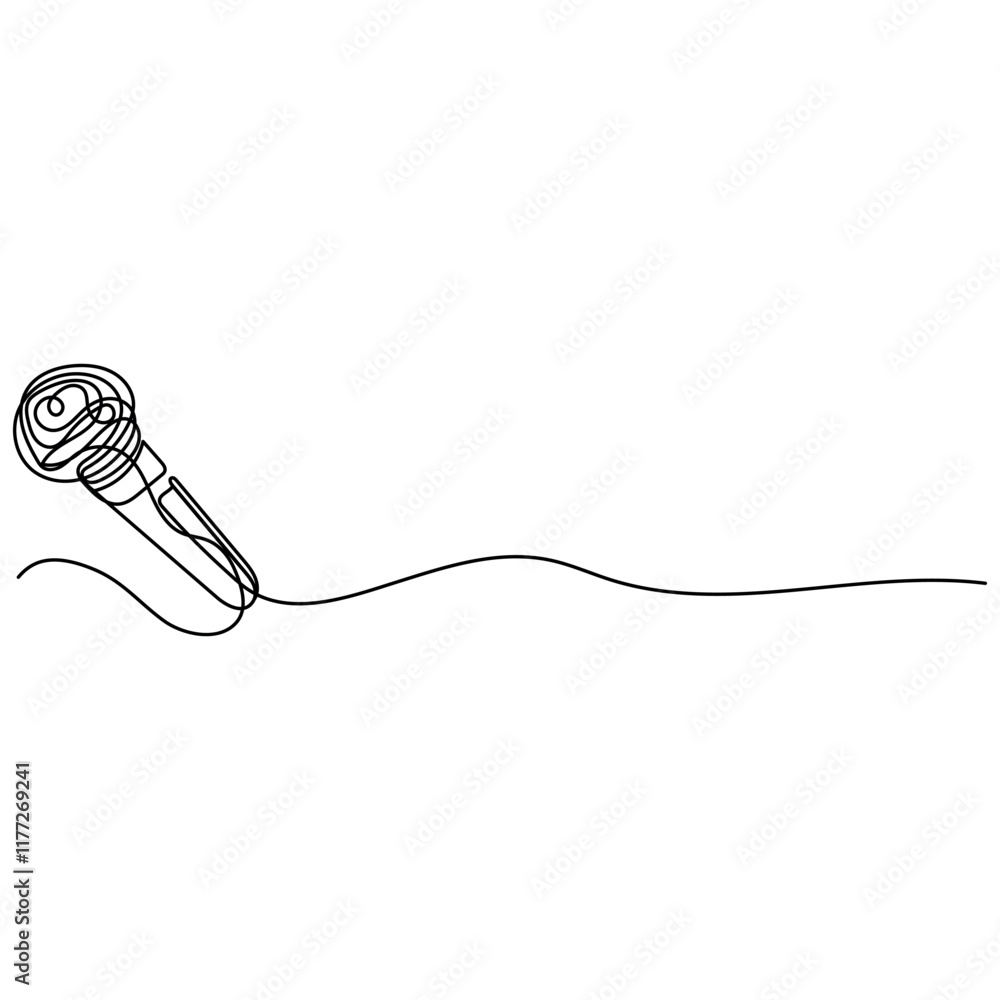 Poster microphone single line art, continuous one line drawing of isolated outline vector icon