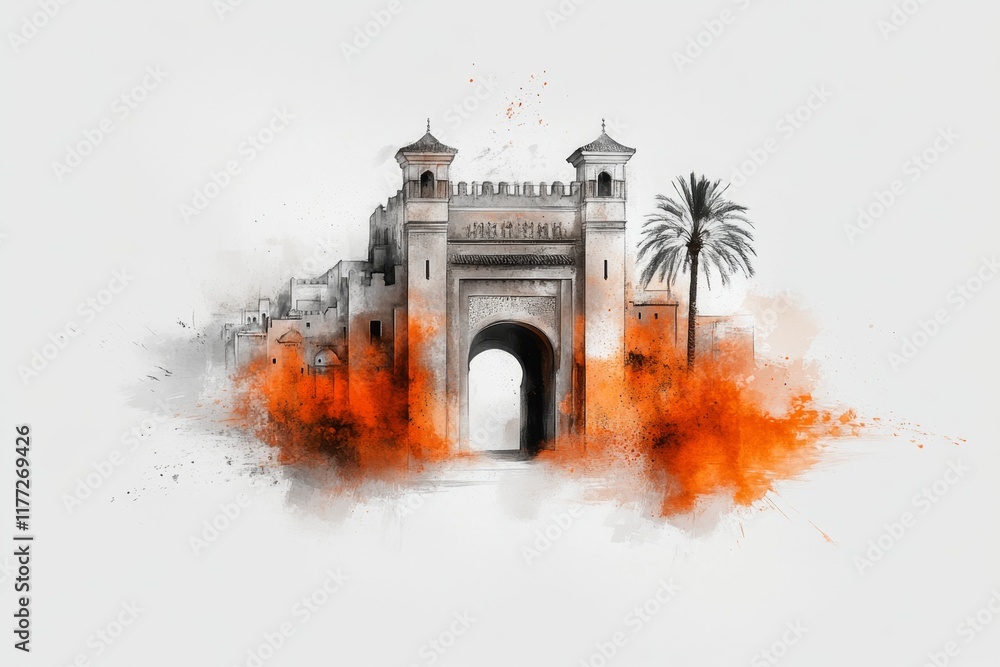 Poster a clean graphic of a ksar gate, drawn with sharp lines and muted earthy tones on a white background