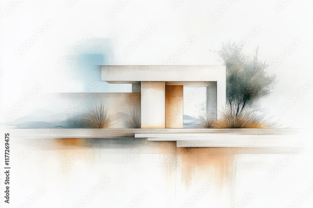 Poster a clean graphic of a ksar gate, drawn with sharp lines and muted earthy tones on a white background