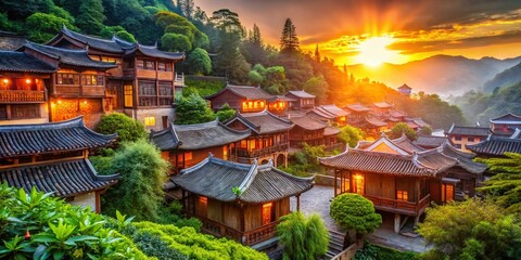 Obraz premium Bokeh Dreamscape: Ancient Chinese Houses at Dusk - High-Resolution Stock Photo