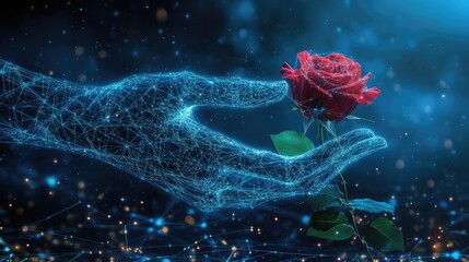 A high-tech hand formed of glowing lines, holding a delicate rose in a connected digital environment.
