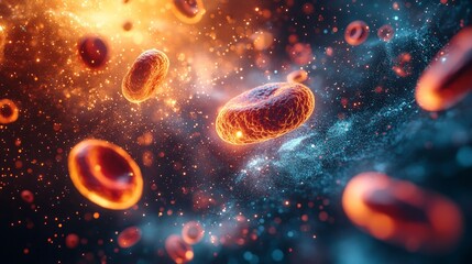 Dynamic red blood cells in a vibrant plasma field surrounded by microscopic textures, symbolizing circulation, health, and oxygen transport
