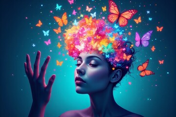 A creative illustration of an open mind with colorful butterflies flying out