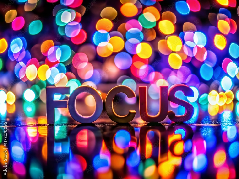 Poster bokeh lights abstract background with colorful letters