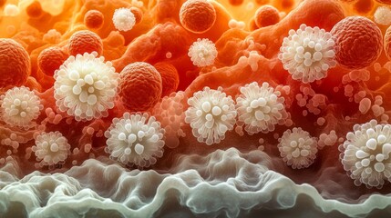 Microscopic visualization of virus-like particles and blood cells interacting with organic tissue, representing infection, pathogens, and research
