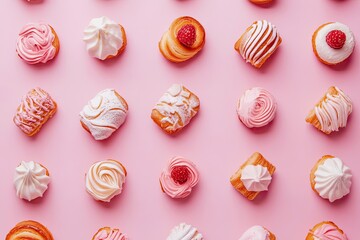 Assorted Pink and White Pastries Arranged on Pink Background