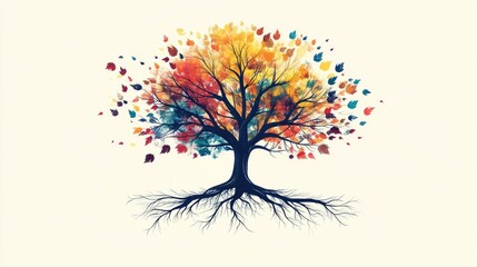 Obraz premium A life tree with colorful leaves and deep, expansive roots, symbolizing growth and interconnectedness.