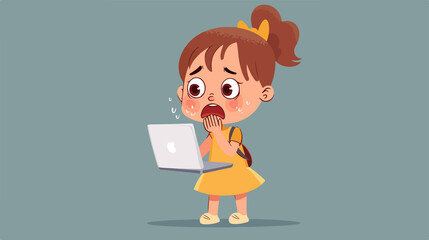 Upset Small Girl Crying While Holding a Laptop Vector Illustration