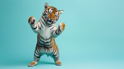 Joyful tiger performing against a blue backdrop