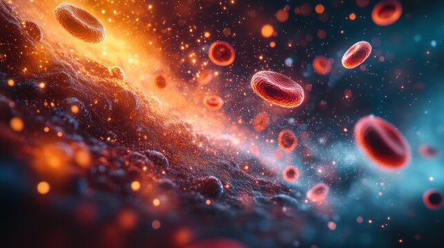 Dynamic red blood cells in a vibrant plasma field surrounded by microscopic textures, symbolizing circulation, health, and oxygen transport
