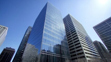 A low-angle view of tall skyscrapers with reflective glass facades under a bright, clear sky.