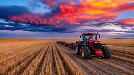 Obraz premium Red tractor working in a field