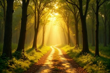Obraz premium A visual of a path through a forest bathed in golden sunlight, symbolizing peace