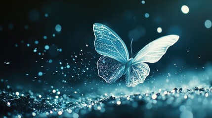 A luminous butterfly surrounded by fairy dust, flying gracefully in a magical, enchanted world.