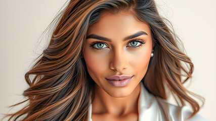 Naklejka premium Stunning portrait of woman with flowing brunette hair, lips, eyes with perfect makeup, radiating beauty and confidence. Sexy model, gently smile, skincare ads, beauty sensuality. generative ai