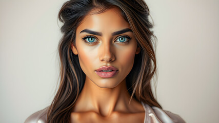 Fototapeta premium Stunning portrait of woman with flowing brunette hair, lips, eyes with perfect makeup, radiating beauty and confidence. Sexy model, gently smile, skincare ads, beauty sensuality. generative ai