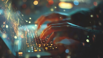 Close up of hands using laptop with abstract glowing arrows on blurry background. Future, business and up concept. Double exposure