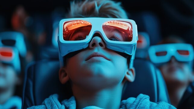 Children enjoying an immersive 3D movie experience in a dark theater